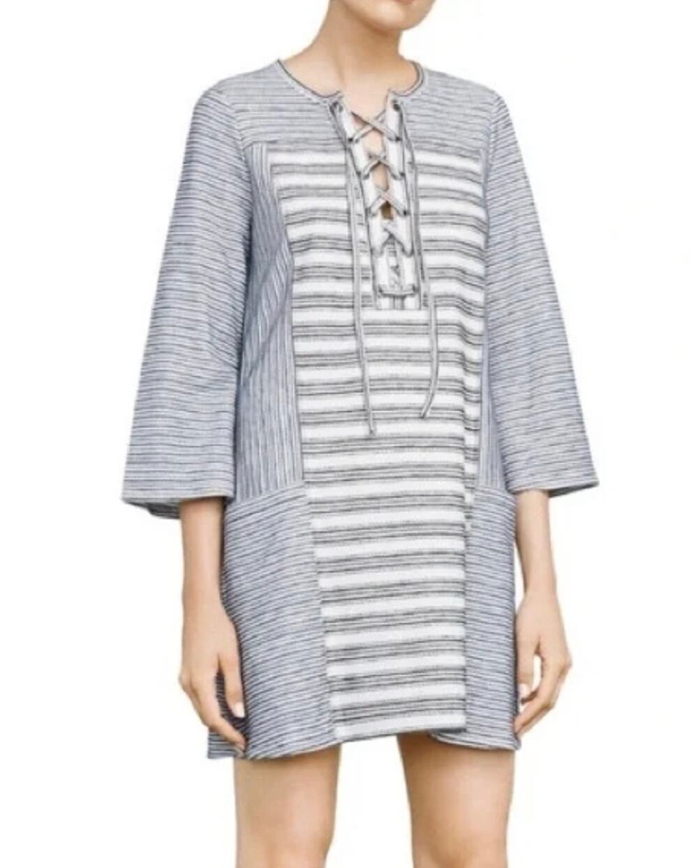BCBGMaxazria Womens L Blue White Lani Tie Front Striped Boho Knit Mini Dress NWT